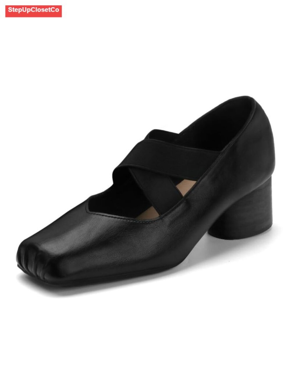 Women Square Toe Mary Jane Ballet Heels with Elastic Strap